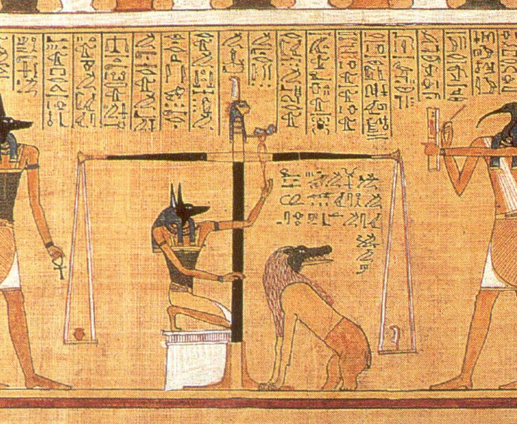 This detail scene, from the Papyrus of Hunefer (c. 1275 BCE), shows the scribe Hunefer's heart being weighed on the scale of Maat against the feather of truth, by the jackal-headed Anubis. The ibis-headed Thoth, scribe of the gods, records the result. The devouring creature Ammit-whose body part crocodile, lion, and hippopotamus-awaits lest the heart prove to be heavier than the feather.
