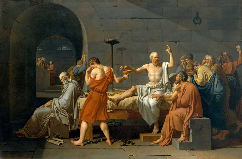 Painting by Jacques-Louis David called The Death of Socrates. In this depiction, a white-robed Socrates sits on a bed reaching for a cup of hemlock, prepared to die while his students stand in distress around him.