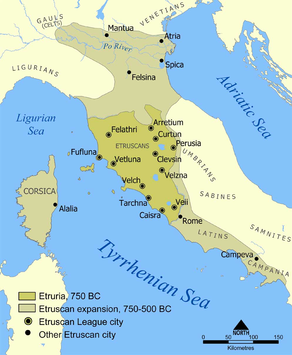 Map of Italy highlighting two zones of Etruscan civilization from 750–500 BCE. The first zone highlights Etruscan civilization in 750 CE in central Italy. The second zone highlights Etruscan civilization stretching from Northern Italy to southwest Italy.