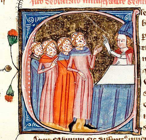 A manuscript illustration of a bishop blessing four individuals who have fallen victim to the Bubonic Plague ( Omne Bonum, c. 1360–1375)