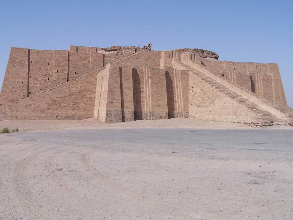 A sand-bricked Ziggurat in the desert of Iraq. The Ziggurat only has only a base as its top layers were destroyed.