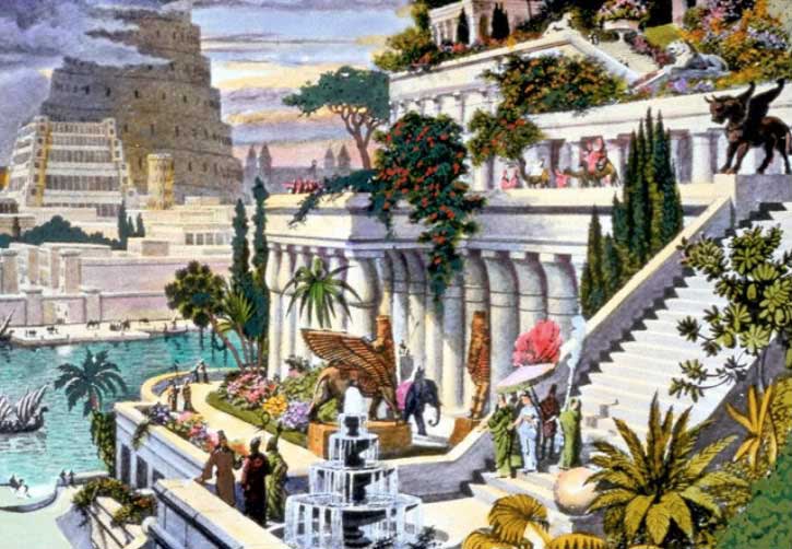 Artists colorful illustration of Nebuchadnezzar's Hanging Gardens of Babylon. The illustration portrays a three-tiered ziggurat with lush green vegetation covering all three layers. In the background is another ziggurat and the mythical Tower of Babel.