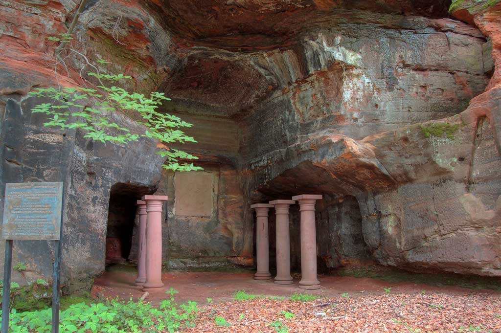 A temple-cave dedicated to Mithras found in the German city of Saarbricken. At the entrance of a cave stand five columns through which a ritual procession might have walked.