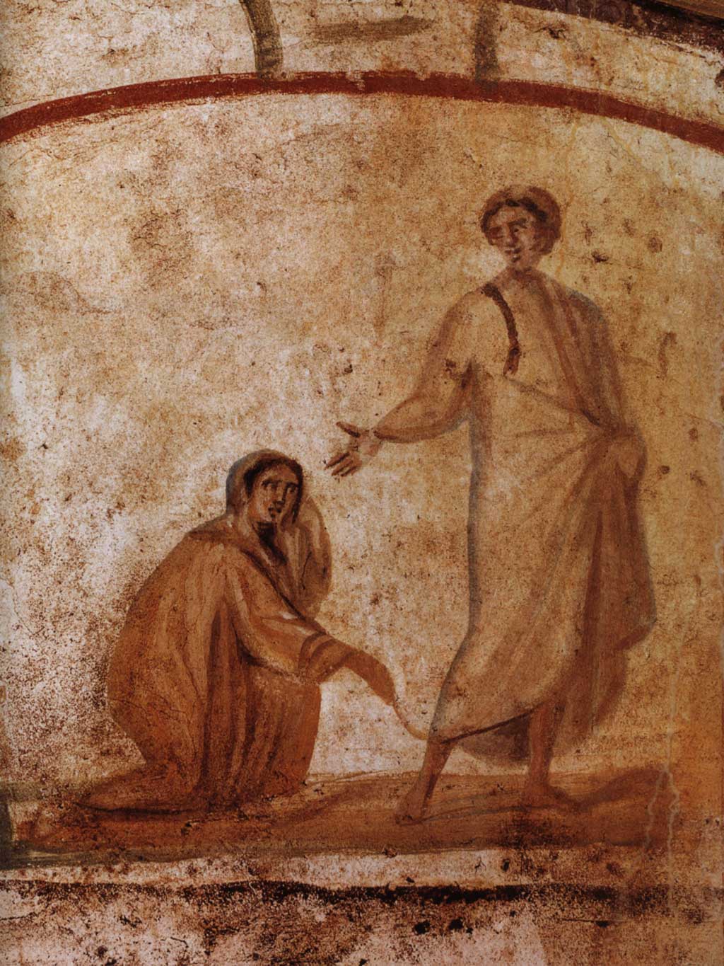 Fresco of a woman reaching for the bottom of Jesus's robe while Jesus turns around to acknowledge her presence.