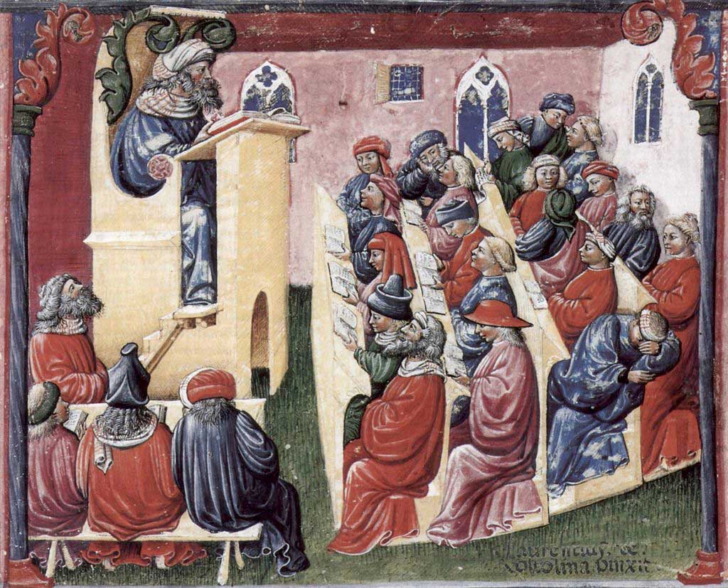 Illustration of a university class room from the Middle Ages. In this image, the professor lectures from a raised to students situated in rows below. Not all of the students in the classroom are paying attention, with one student sleeping while others converse with one another.