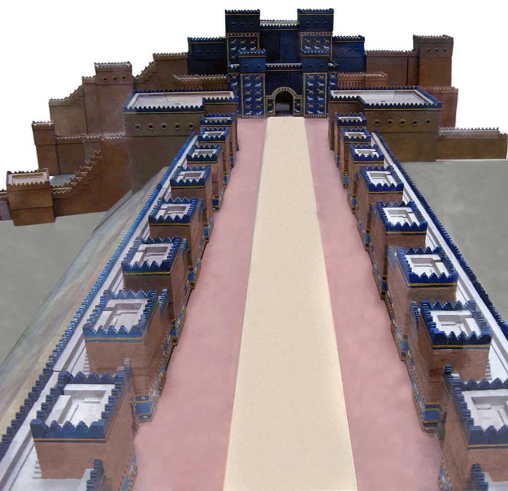 Artist's depiction of the Ishtar Gate that once granted entrance into the city of Babylon. The image is that of a red and tan roadway with bulwarks on either side. At the end of the roadway is the palace of Babylon with the blue Ishtar gate at its entrance.