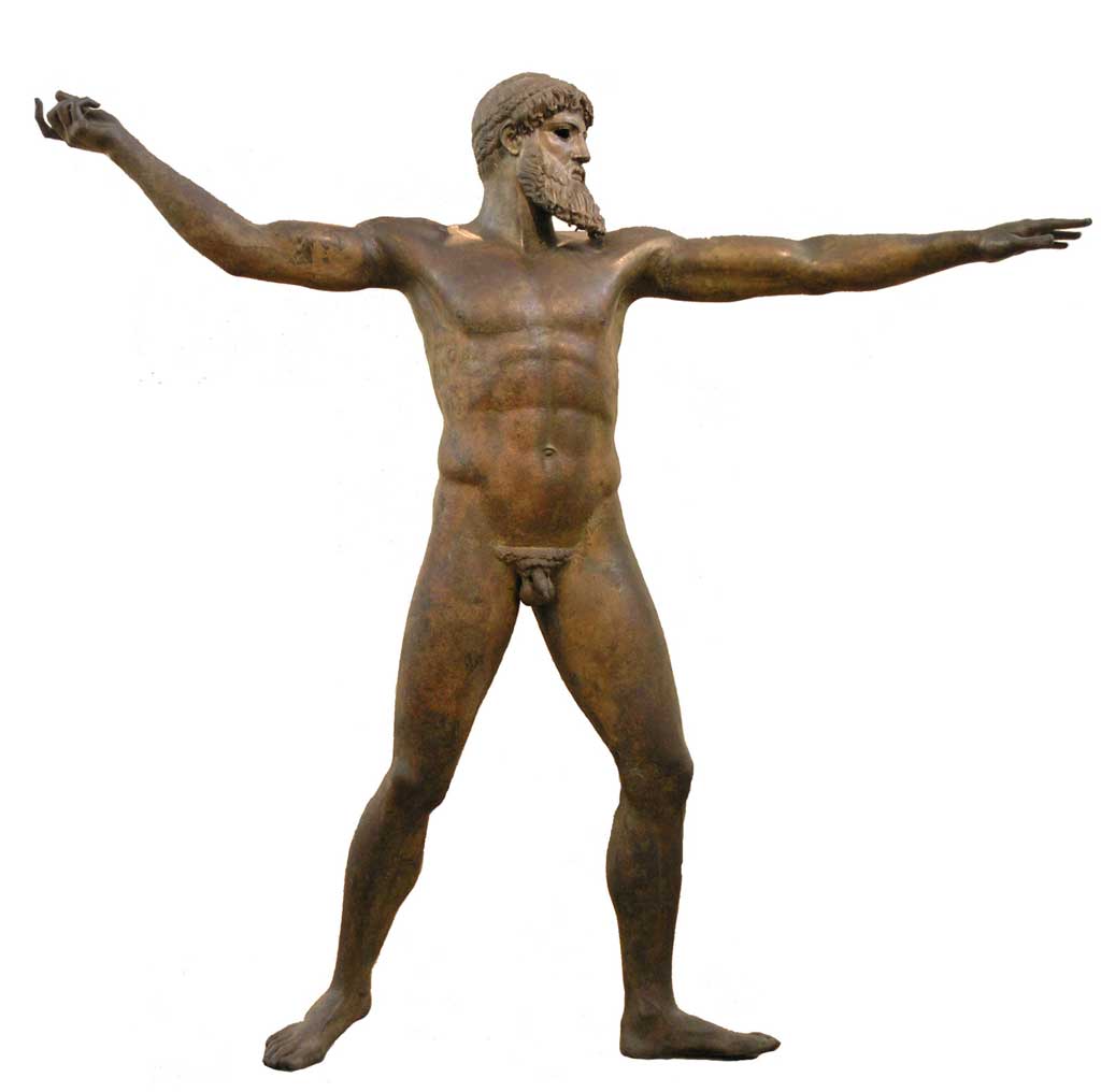 Bronze statue of the bearded and nude Poseidon stepping forward as if to throw a long spear or javelin.