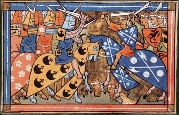 Painting of Louis VII of France leading his armored cavalry against an unarmored Muslim cavalry.