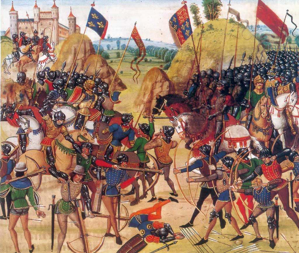 A period illustration of the Battle of Crecy. Anglo-Welsh longbowmen figure prominently in the foreground on the right, where they are driving away Italian mercenary crossbowmen.