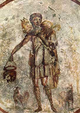 Catacomb fresco of the The Good Shepherd. The shepherd has a lamb rape on his shoulders and lambs sitting around his feet.