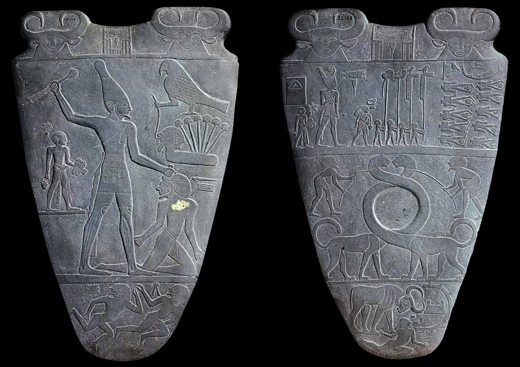The image represents both sides of the Narmer Palette. On the left hand side, king Narmer stands above his enemy while the falcon-god Hathor looks on in approval. Here Narmer wears the cone crown of Upper Egypt. On the right hand side, king Narmer leads a procession of soldiers following victory in battle. Here Narmer wears the bowl-shaped crown of Lower Egypt. The decapitated bodies of his enemies lay before them.