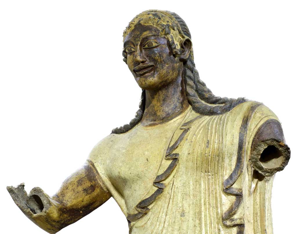 The statue of Apulu is bronze statue with braided hair and a white toga. Both arms are severed.