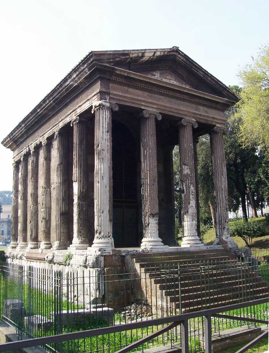This photo shows the Temple of Portunus. With its slanted roof, columns, and platform it is a typical Roman Republican temple in Rome, circa 75 BCE.