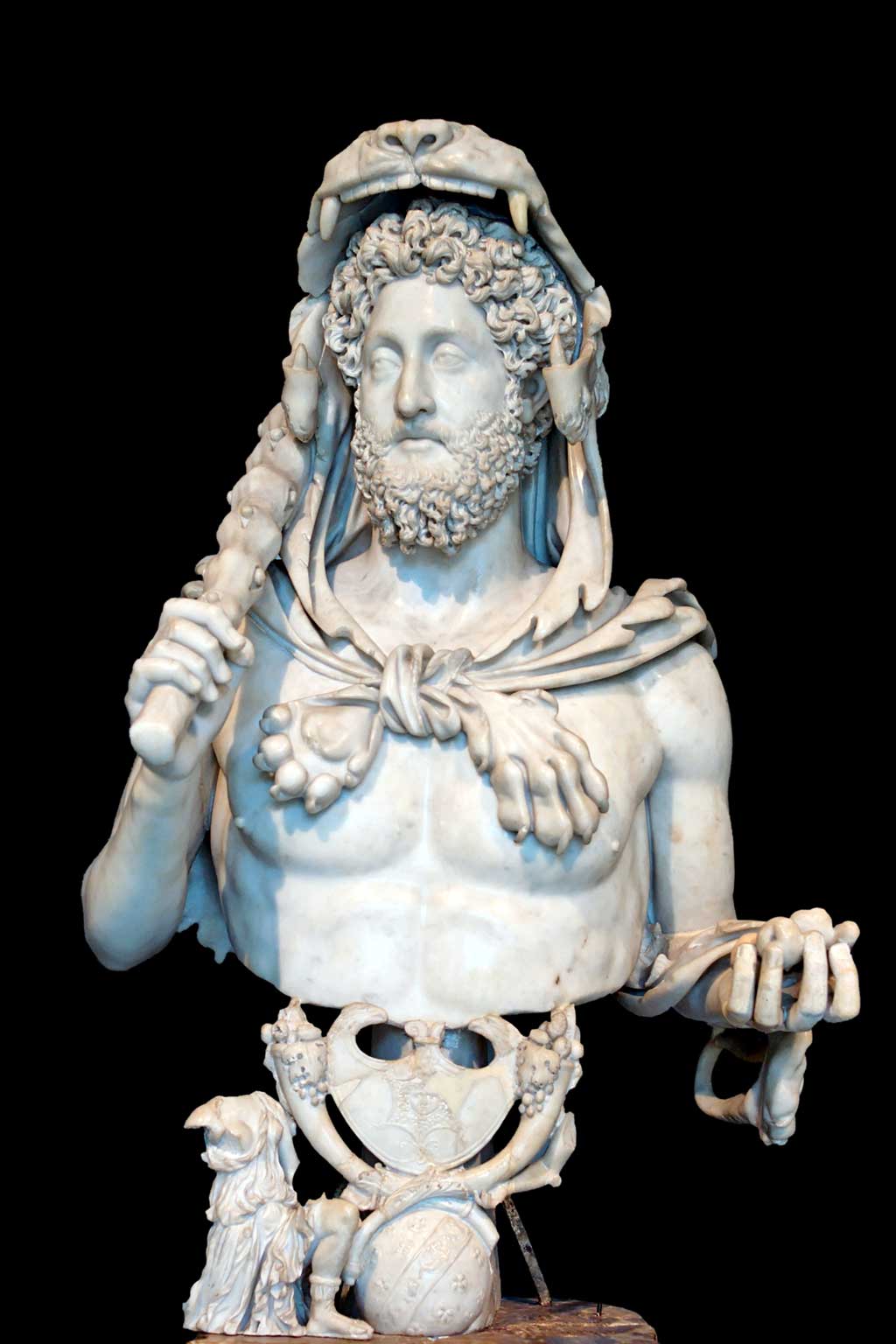 This is a bust of Commodous in which the bearded emperor wears lion headdress emblematic of his belief that he was a reincarnation of Hercules.