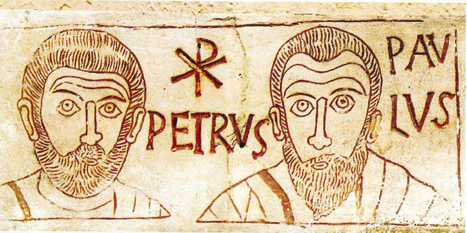 Stone etching of St. Peter and St. Paul. Some attempt at realism is present here. Indeed, the illustrator has endeavored to distinguish the two bearded men from one another by figuring their heads differently. Peter possess a round shape head while Paul's head is more oval in orientation.