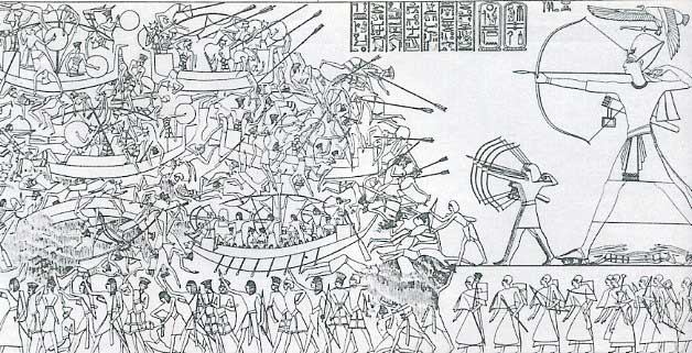 In this depiction, a gigantic Ramses III stands with his army, bows drawn, as they stand against the hordes of invaders known as the Sea Peoples.