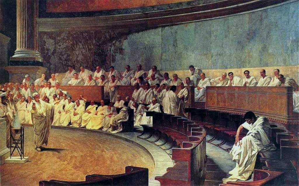 The image is one of Cicero standing before the Roman Senate, denouncing the patrician Catilline for an assassination plot he planned against fellow Senators.