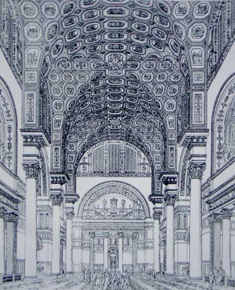 This is a drawing of the Baths of Caracalla. This artist's reconstruction shows a groin-vaulted interior, Composite columns, and decorative panels on the ceiling. Human figures have been added for scale.