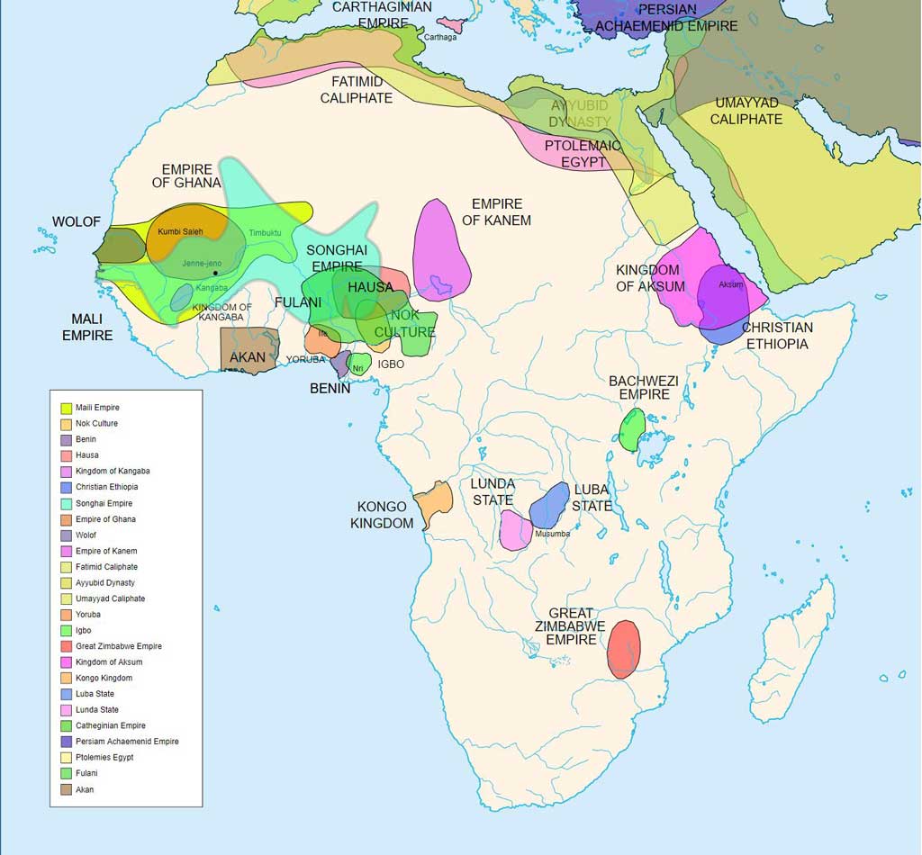 Diachronic map showing pre-colonial cultures of Africa (spanning roughly 500 BCE to 1500 CE). This map is 'an artistic interpretation' using multiple and disparate sources. Shows Africa and the Middle East.
