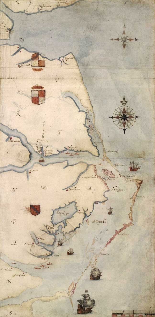 1585 map of the east coast of North America from the Chesapeake Bay to Cape Lookout by John White.