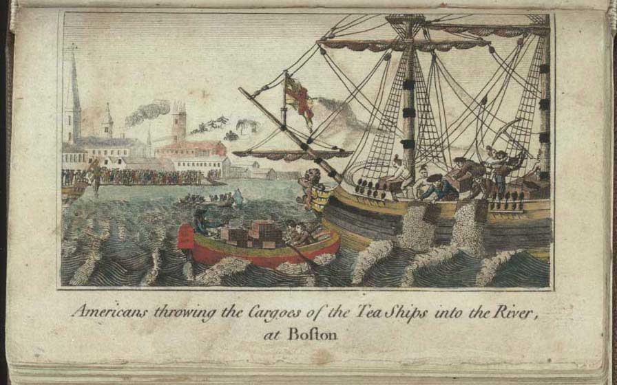 Americans at the Boston Tea Party throwing Cargoes of the Tea Ships into the river