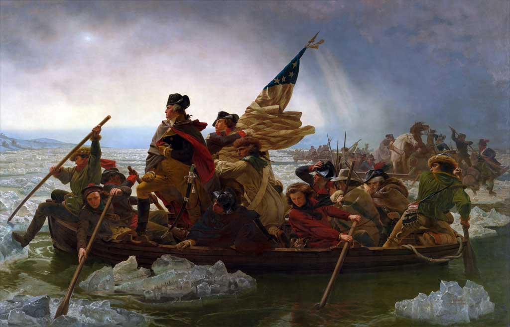 George Washington and soldiers crossing the Delaware River in a boat