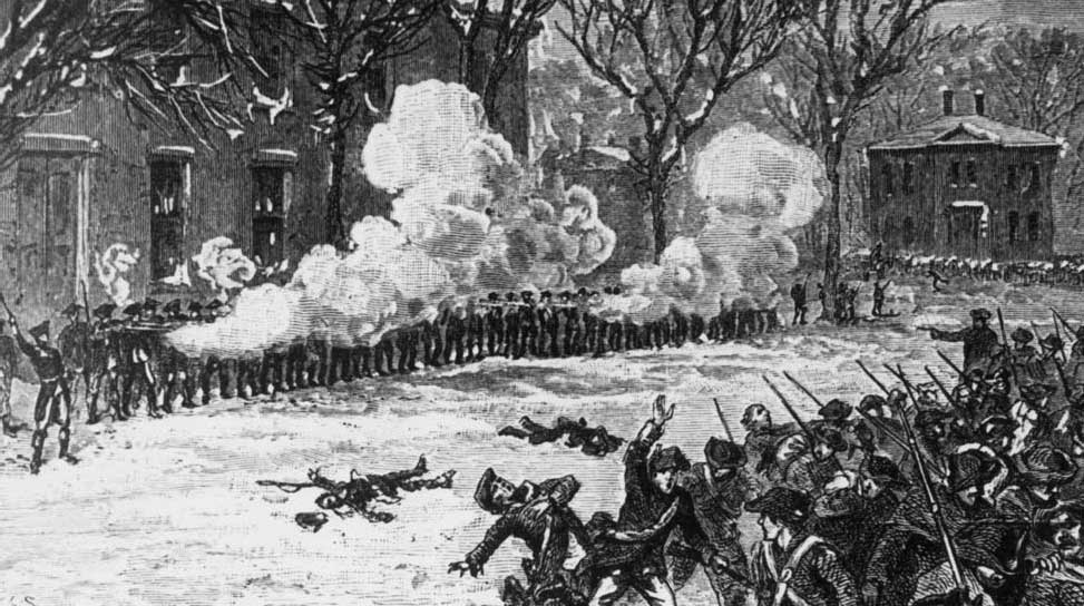 Battle scene as Shays' troops are repulsed from the armory at Springfield, Massachusetts in early 1787