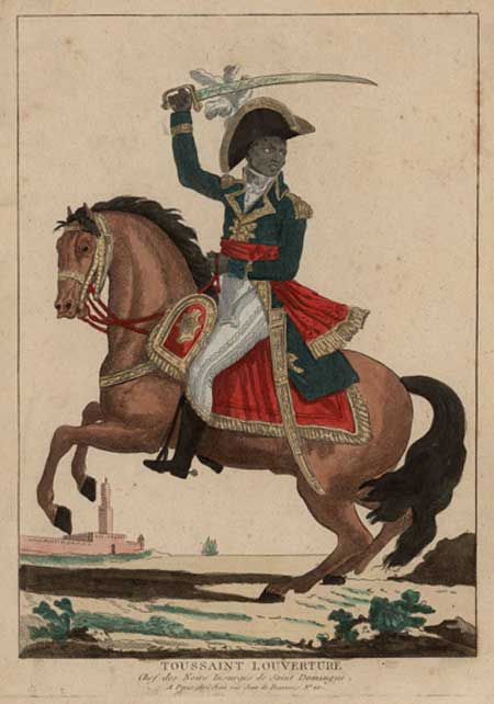 Toussaint L'Ouverture brandishing a sword while seated on a bucking horse