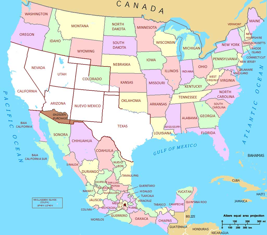 Map of the US and Mexico showing the Mexican Cession agreed by Mexico (white) and the Gadsden Purchase (brown).