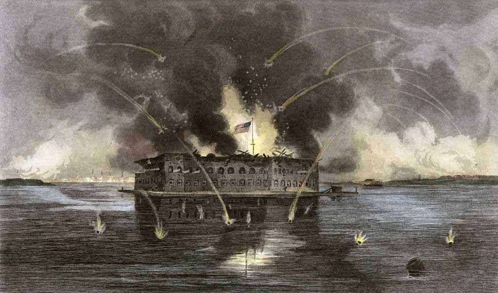 Painting of the bombardment of Fort Sumter, showing cannonballs flying toward the fort, and fire and smoke billowing out