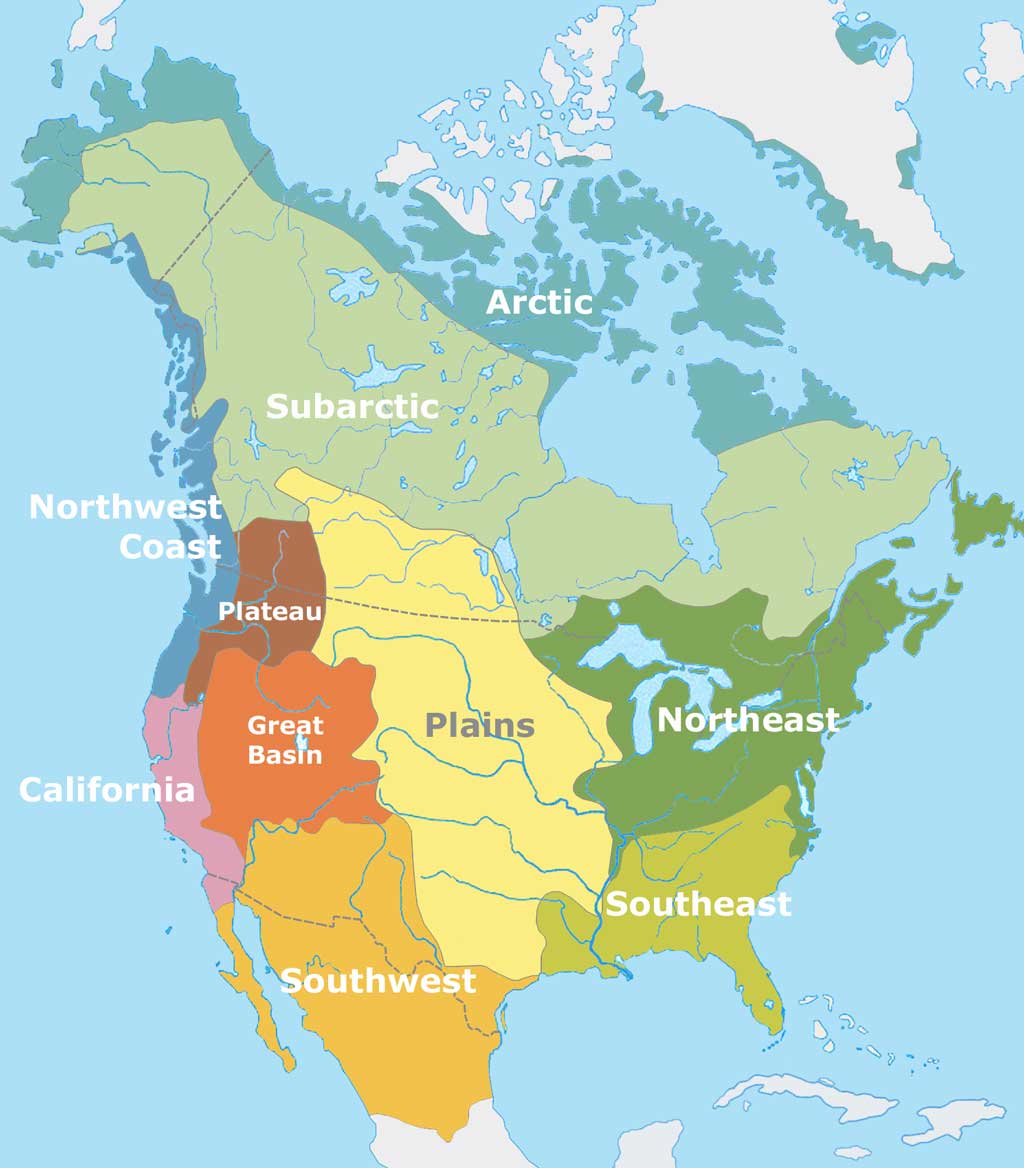 Map showing cultural areas of North America at the time of European contact, including North America and parts of what is now Canada and Mexico