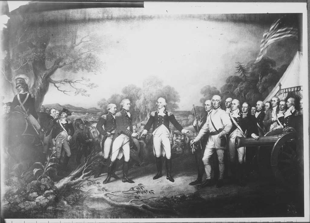 General Burgoyne surrendering in a field with other soldiers.