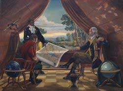 Benjamin Banneker working with George Washington on the design of Washington, DC. The two men are looking at a map.