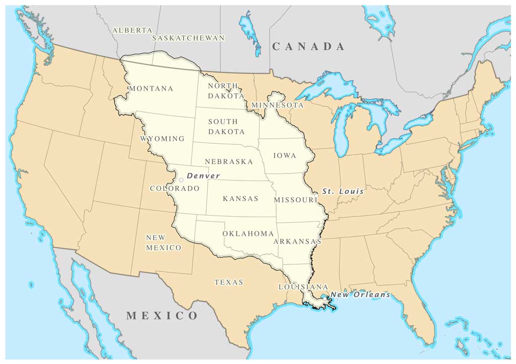 Map showing the area of the Louisiana Purchase. The states of Montana, North Dakota, South Dakota, Wyoming, Iowa, Nebraska, Colorado, Kansas, Missouri, Oklahoma, Arkansas, and Louisiana are highlighted, along with portions of Alberta and Saskatchewan, Canada.