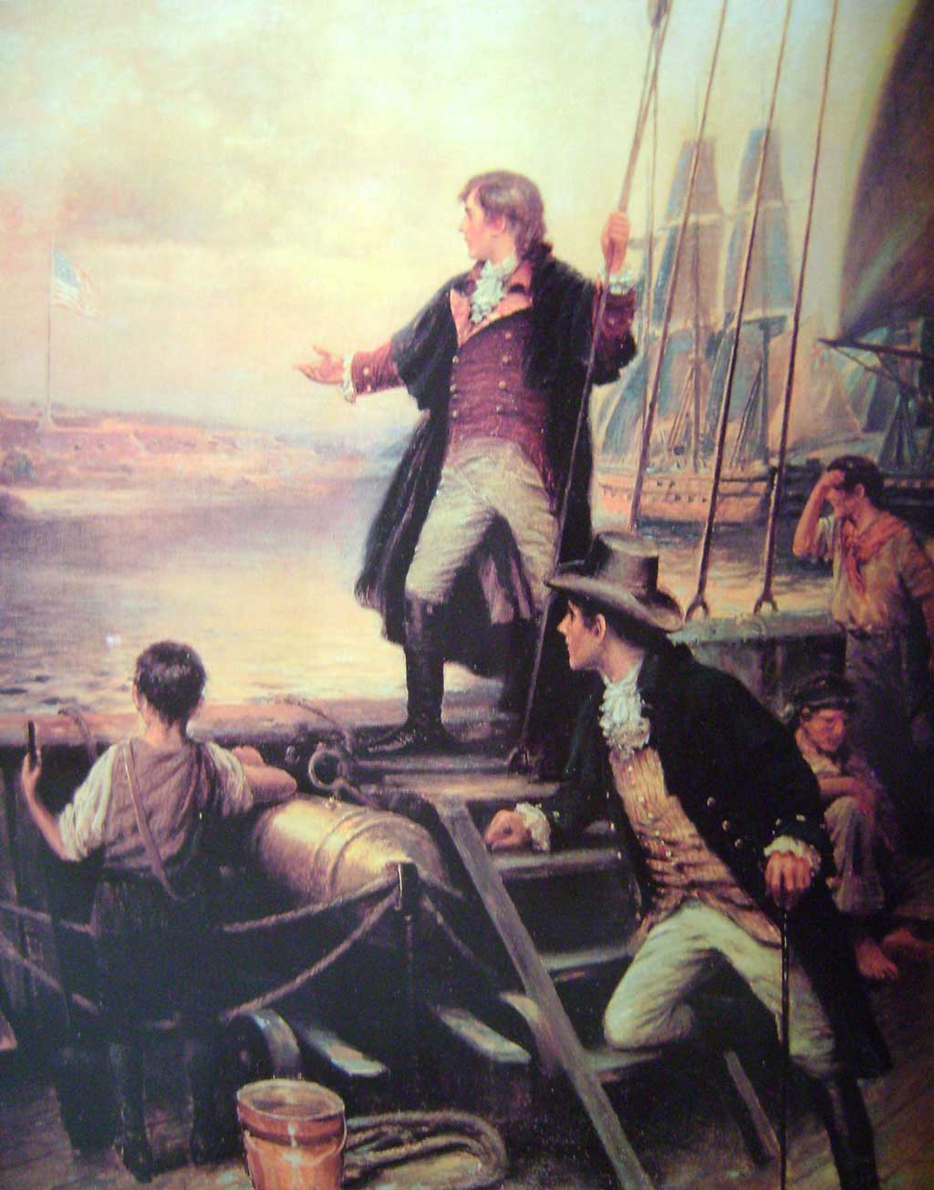 Francis Scott Key standing on the boat, with right arm stretched out toward the United States flag flying over Fort McHenry, Baltimore, Maryland.