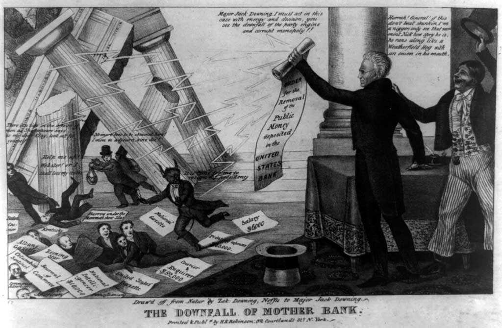 Political cartoon titled 'The Fall of Mother Bank.' Shows two official looking men with a proclamation, and smaller men falling down amongst signs and falling pillars.