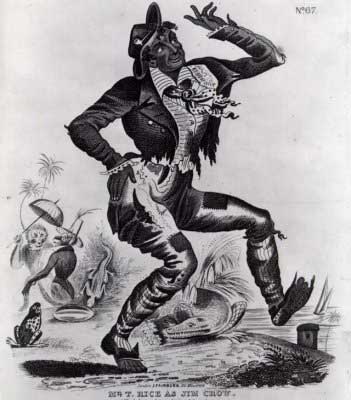 Picture from 1832 Playbill of Thomas D. Rice as 'Jim Crow' showing black man in tattered clothing dancing