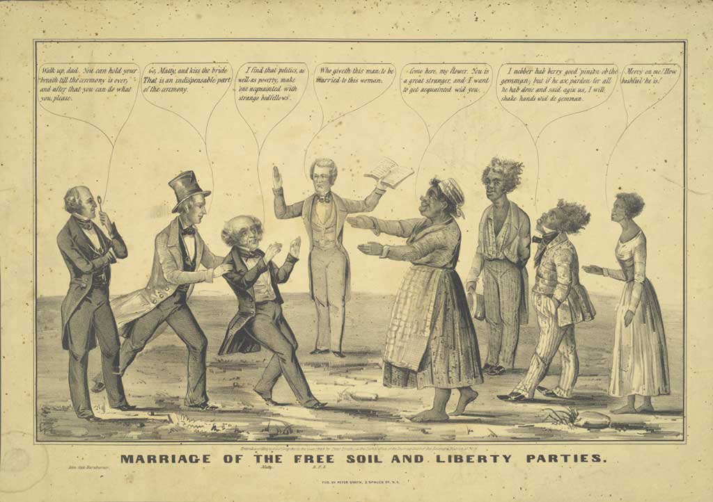 1848 political caricature showing Martin van Buren (left of center) symbolically marrying a black woman. The figure on the far left is presumably Van Buren's son, John Van Buren, while the presiding clergyman in the center ('BFB') is probably Benjamin F. Butler.
