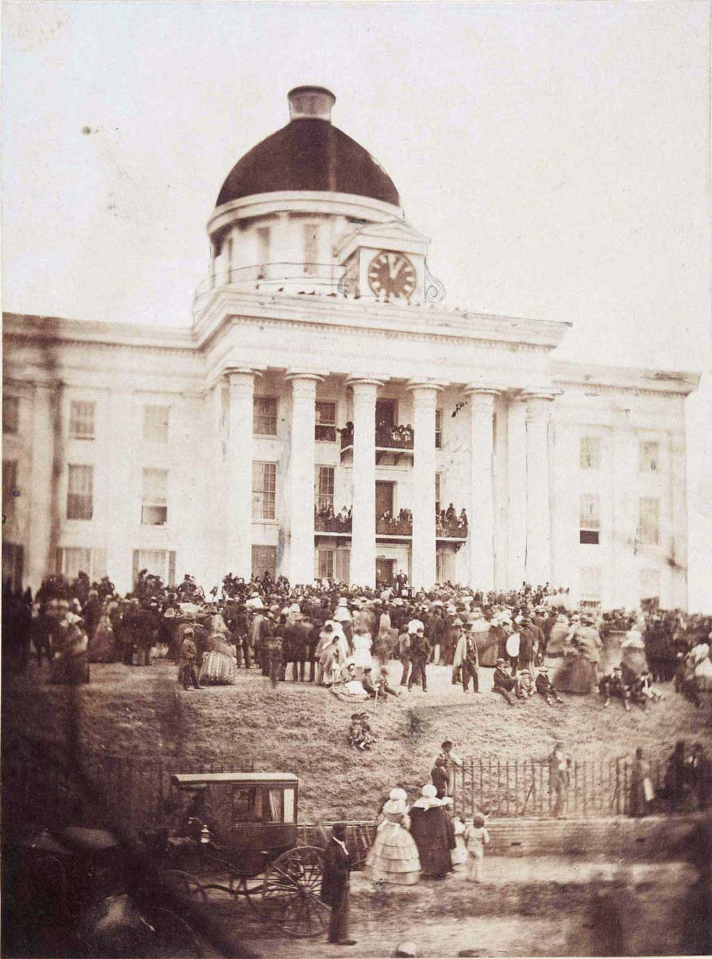 Crowd gathered in front of Alabama Capitol building for first inauguration of Jefferson Davis as President of the Confederate States of America at Montgomery, Alabama, February 18, 1861