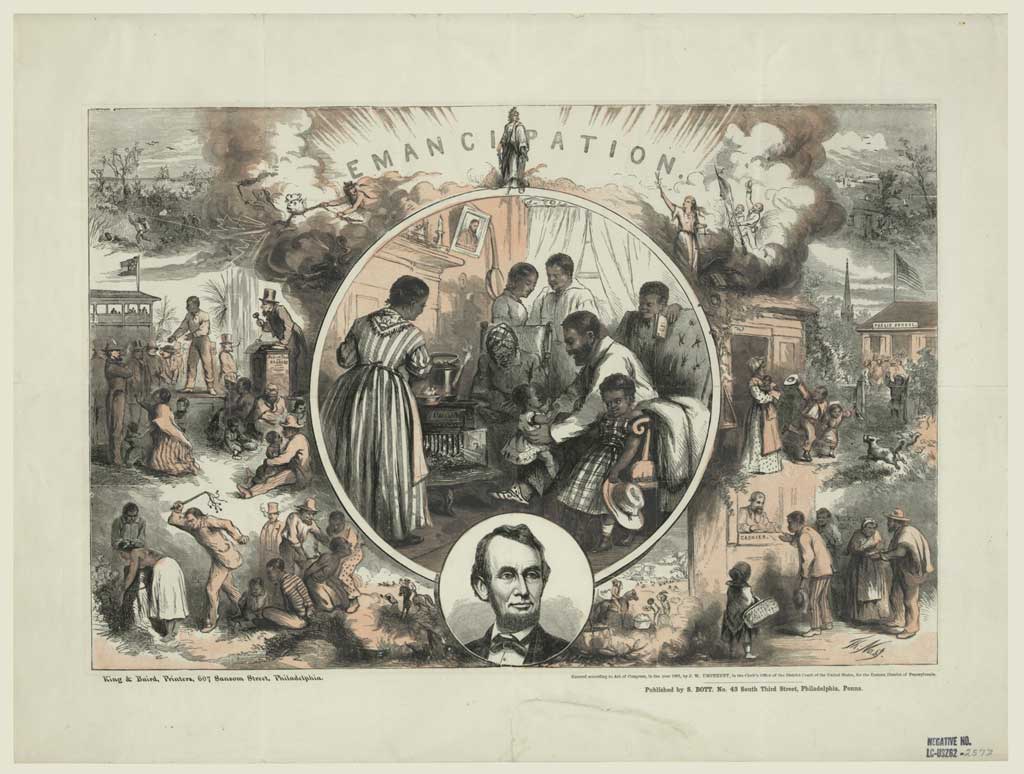 Picture shows African American family in the center. Picture of Abraham Lincoln is below, and word Emancipation is above, centered, in heavenly scene. Drawings of slavery scenes surround the pictures.