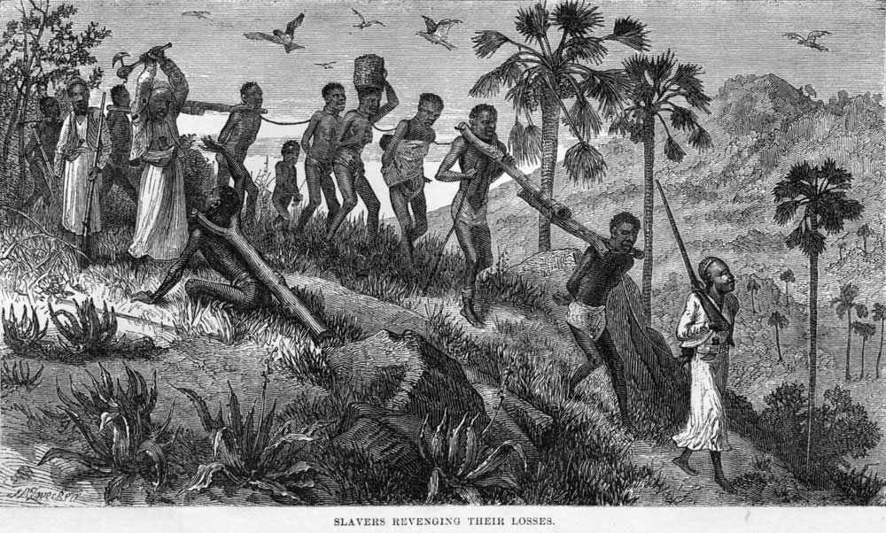 Slavers Revenging their Losses, shows a coffle of men, women, and children, led by Arab slavers; one of the guards is murdering a captive unable to keep up with the rest.