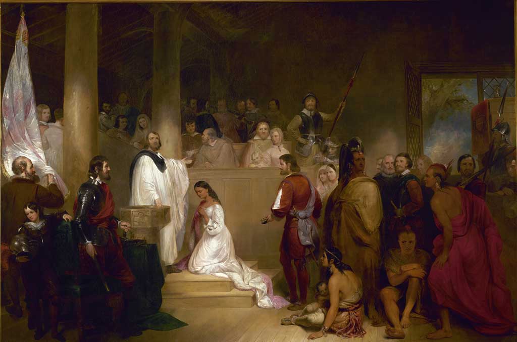 Artist John Gadsby Chapman depicts Pocahontas, wearing white, being baptized Rebecca by Anglican minister Alexander Whiteaker in Jamestown, Virginia