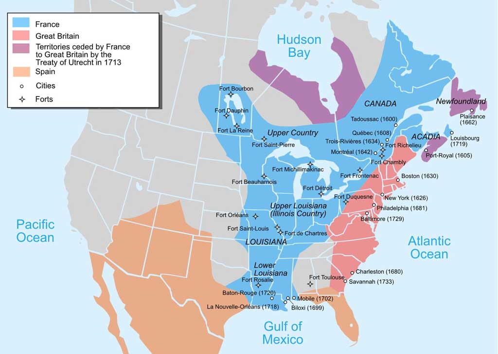 Map showing the 1750 possessions of Britain (pink and purple), France (blue), and Spain (orange) in contrast to the borders of contemporary Canada and the United States.
