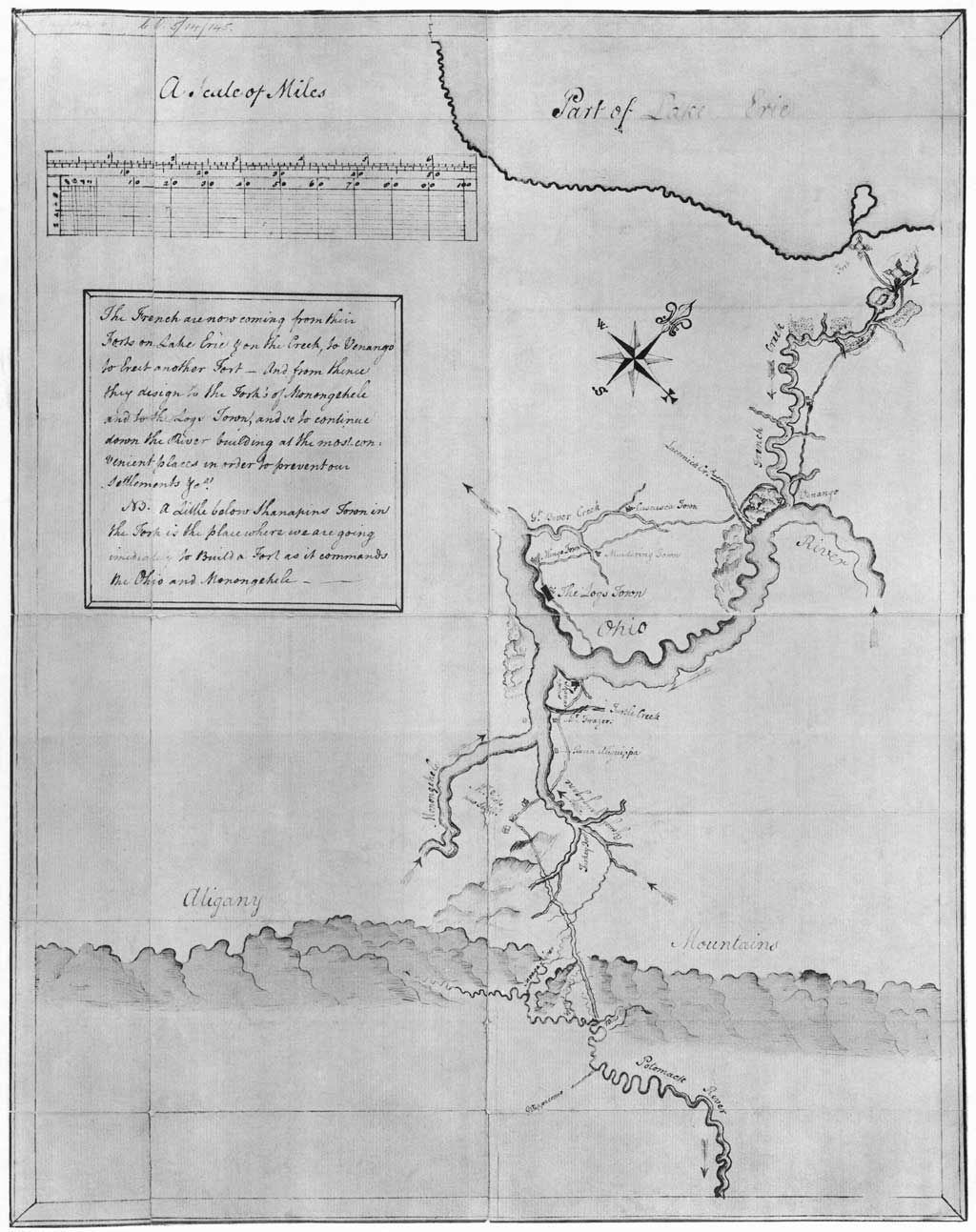 George Washington's hand-drawn map of the Ohio River and surrounding region containing notes on French intentions, 1753 or 1754