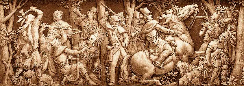 Part of a Frieze of the Rotunda in the U.S. Capitol, 'Death of Tecumseh' — Tecumseh, a brilliant Indian chief, warrior, and orator, is shown being fatally shot by Colonel Johnson at the Battle of the Thames in Upper Canada during the War of 1812.