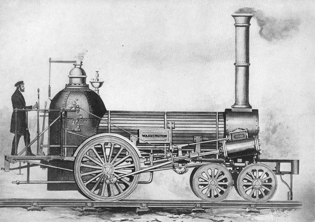 Picture of the 1836 4-2-0 steam locomotive 'George Washington' and engineer