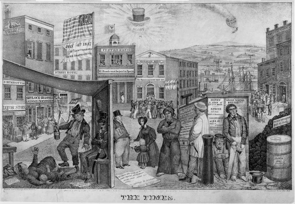 Fanciful street scene, with emphasis on the plight of the working class. A panorama of offices, rooming houses, and shops reflects the hard times. The Customs House, carrying a sign 'All Bonds must be paid in Specie,' is idle. In contrast, the Mechanics Bank next door, which displays a sign 'No specie payments made here,' is mobbed by frantic customers. Principal figures are (from left to right): a mother with infant (sprawled on a straw mat), an intoxicated Bowery tough, a militiaman (seated, smoking), a banker or landlord encountering a begging widow with child, a barefoot sailor, a driver or husbandman, a Scotch mason (seated on the ground), and a carpenter. These are in contrast to the prosperous attorney 'Peter Pillage,' who is collected by an elegant carriage at the far right. In the background are a river, Bridewell debtors prison, and an almshouse. A punctured balloon marked 'Safety Fund' falls from the sky.