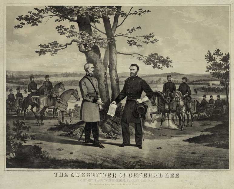 Artist's rendering of the surrender of Confederate General Robert E. Lee to Union General Ulysses S. Grant with soldiers on horses behind both generals. Text underneath reads 'The Surrender of General Lee.'