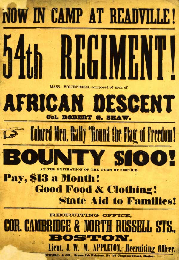 Recruiting poster for the Massachusetts 54th regiment seeking men of African descent