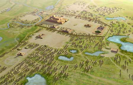 Artist's conception of the Mississippian culture Cahokia Mounds Site in Illinois. The illustration shows the large Monks Mound at the center of the site with the Grand Plaza to its south. This central precinct is encircled by a palisade. Three other plazas surround Monks Mound to the west, north and east. To the west of the western plaza is the Woodhenge circle of cedar posts.